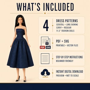 Pode incluir: Uma boneca da moda com cabelos longos e escuros vestindo um vestido azul-marinho sem al&ccedil;as. O texto diz: WHAT'S INCLUDED, 4 DRESS PATTERNS, COCKTAIL + LONG EVENING, CURVY + REGULAR, 29,2 CM FASHION DOLLS, PDF + SVG, PRINTABLE + VECTOR FILES, STEP-BY-STEP INSTRUCTIONS, INSTANT DIGITAL DOWNLOAD.