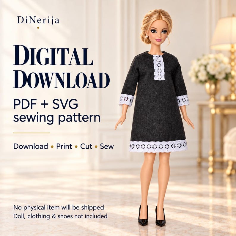 K&ouml;nnte beinhalten: Eine Puppe in einem dunkelgrauen Kleid mit wei&szlig;er Spitzenborte an &Auml;rmeln, Saum und Ausschnitt. Der Text lautet: DiNerija, DIGITAL DOWNLOAD, PDF + SVG sewing pattern, Download, Print, Cut, Sew, No physical item will be shipped, Doll, clothing & shoes not included.