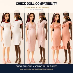 Puede incluir: Patrones de ropa para mu&ntilde;ecas de 29 cm a escala 1:6, con tres estilos de vestidos: cuello redondo blanco, vestido cruzado rosa claro y vestido con volantes color melocot&oacute;n. Texto: CHECK DOLL COMPATIBILITY, 11.5-INCH / 1:6, 2 FIT OPTIONS, DIGITAL FILES ONLY.