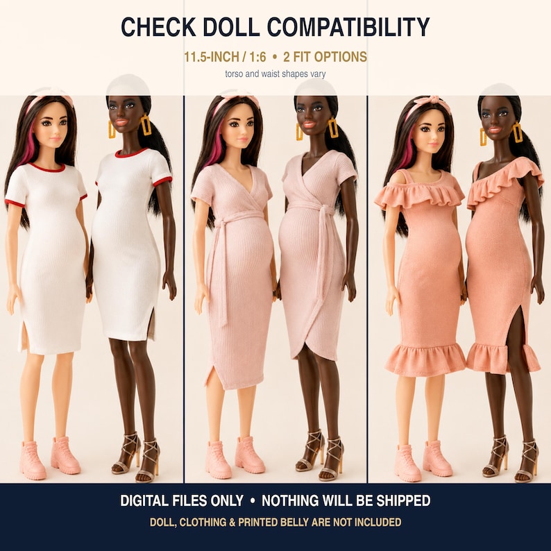 Puede incluir: Patrones de ropa para mu&ntilde;ecas de 29 cm a escala 1:6, con tres estilos de vestidos: cuello redondo blanco, vestido cruzado rosa claro y vestido con volantes color melocot&oacute;n. Texto: CHECK DOLL COMPATIBILITY, 11.5-INCH / 1:6, 2 FIT OPTIONS, DIGITAL FILES ONLY.