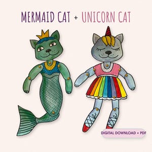 Pu&ograve; includere: Due bambole di carta articolate a forma di gatto con il testo MERMAID CAT + UNICORN CAT. Il gatto sirena &egrave; verde con corona e coda dorate. Il gatto unicorno ha un corno, un top rosa e una gonna arcobaleno. Include etichetta DIGITAL DOWNLOAD PDF.