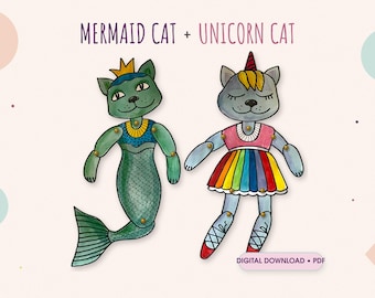 DIY-kit med ledkatt och enhörning i pappersdocka (PDF-mönster)