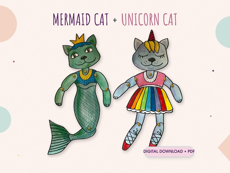Pu&ograve; includere: Due bambole di carta articolate a forma di gatto con il testo MERMAID CAT + UNICORN CAT. Il gatto sirena &egrave; verde con corona e coda dorate. Il gatto unicorno ha un corno, un top rosa e una gonna arcobaleno. Include etichetta DIGITAL DOWNLOAD PDF.