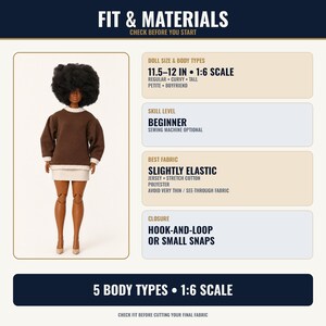 Op de afbeelding: Een pop draagt een bruine trui met lange mouwen met witte boorden en een witte rok. De afbeelding bevat tekst: FIT & MATERIALS, DOLL SIZE & BODY TYPES 11.5&ndash;12 IN 1:6 SCALE, SKILL LEVEL BEGINNER, BEST FABRIC SLIGHTLY ELASTIC, CLOSURE HOOK-AND-LOOP.