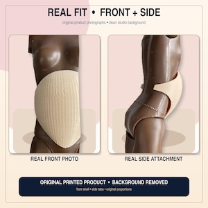 Puede incluir: Una carcasa abdominal beige, texturizada y redondeada, mostrada de frente y de lado en un torso de maniqu&iacute; de tono oscuro. La imagen incluye las etiquetas de texto: REAL FIT FRONT + SIDE, REAL FRONT PHOTO, REAL SIDE ATTACHMENT y ORIGINAL PRINTED PRODUCT.