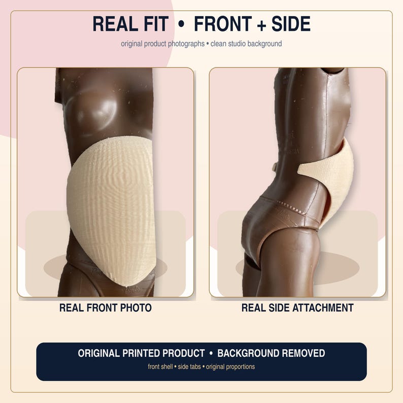 Puede incluir: Una carcasa abdominal beige, texturizada y redondeada, mostrada de frente y de lado en un torso de maniqu&iacute; de tono oscuro. La imagen incluye las etiquetas de texto: REAL FIT FRONT + SIDE, REAL FRONT PHOTO, REAL SIDE ATTACHMENT y ORIGINAL PRINTED PRODUCT.