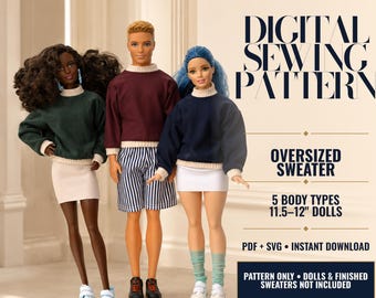 Pode incluir: Três bonecas vestindo suéteres com gola alta e punhos canelados. O texto diz: DIGITAL SEWING PATTERN, OVERSIZED SWEATER, 5 BODY TYPES 29-30cm DOLLS, PDF + SVG INSTANT DOWNLOAD, PATTERN ONLY - DOLLS & FINISHED SWEATERS NOT INCLUDED.