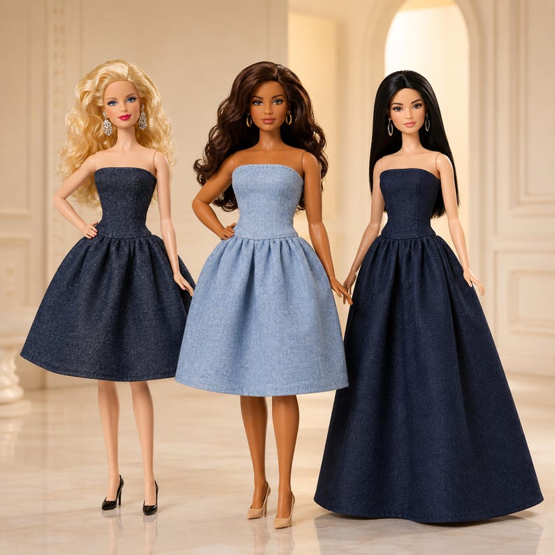 Pode incluir: Tr&ecirc;s bonecas de moda em p&eacute; lado a lado. A boneca da esquerda tem cabelo loiro e usa um vestido sem al&ccedil;as de ganga azul-escuro. A boneca central tem cabelo castanho e usa um vestido sem al&ccedil;as de ganga azul-claro. A boneca da direita tem cabelo preto e usa um vestido longo de ganga azul-escuro.