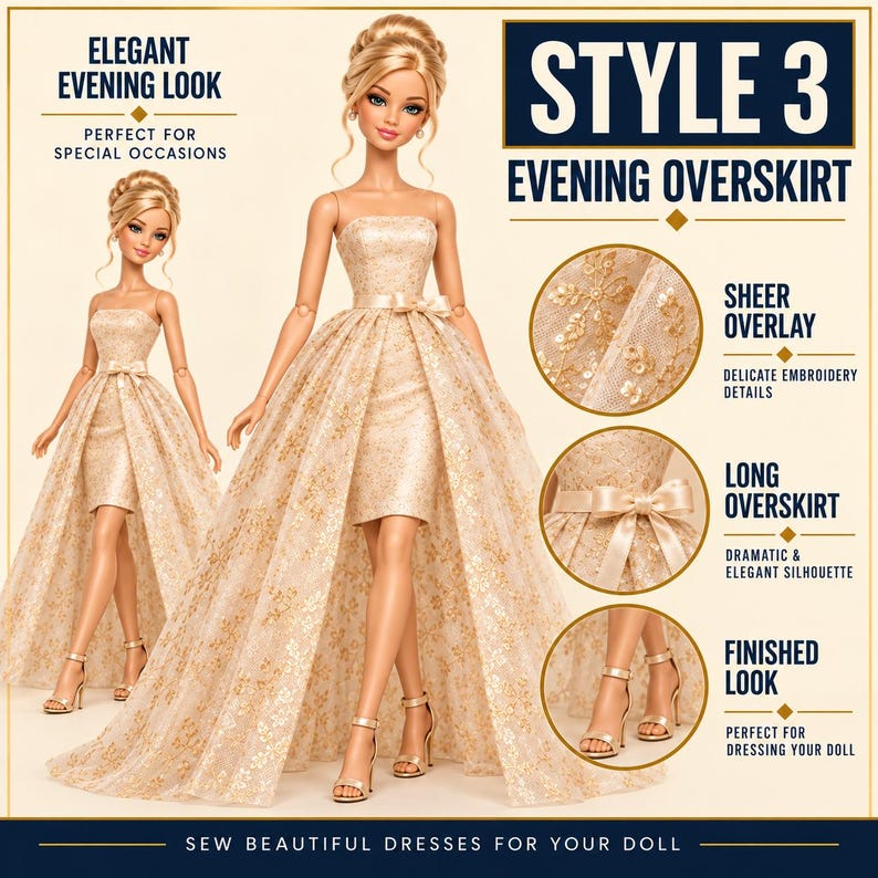 May include: A fashion doll wearing a strapless gold dress with a sheer, embroidered overskirt and a satin bow at the waist. The doll has blonde hair styled in an updo and wears gold strappy high-heeled sandals. Text includes STYLE 3 EVENING OVERSKIRT.
