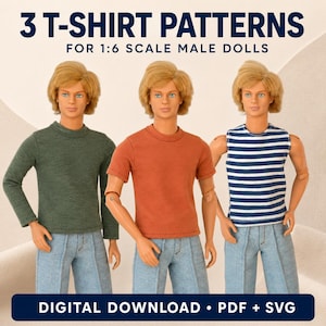 May include: Three 1:6 scale male dolls wearing different t-shirts: a long-sleeved dark green shirt, a short-sleeved rust orange shirt, and a sleeveless blue and white striped shirt. Text reads: 3 T-SHIRT PATTERNS FOR 1:6 SCALE MALE DOLLS DIGITAL DOWNLOAD PDF + SVG.