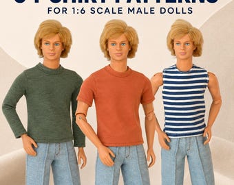 Può includere: Tre bambole maschili in scala 1:6 indossano diverse magliette: una a maniche lunghe verde scuro, una a maniche corte color arancio ruggine e una smanicata a righe blu e bianche. Testo: 3 T-SHIRT PATTERNS FOR 1:6 SCALE MALE DOLLS DIGITAL DOWNLOAD PDF + SVG.
