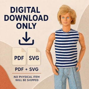 Puede incluir: Una mu&ntilde;eca con cabello rubio que viste una camiseta sin mangas a rayas azules y blancas y jeans azul claro. El texto dice DIGITAL DOWNLOAD ONLY, PDF, SVG, PDF + SVG y NO PHYSICAL ITEM WILL BE SHIPPED, junto a un icono de descarga.