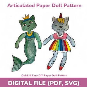 Papierpuppe Gelenk Digital Printable DIY Kit, Einhorn, Katze gegliedert Papierpuppe, bewegliche Papierpuppen Vorlage ausgeschnitten, Mädchen Kind Spielzeug Handwerk