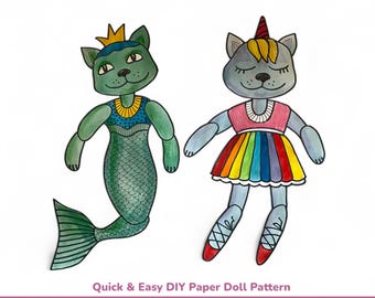Articulated Cat & Unicorn Paper Doll DIY Kit (PDF Pattern)