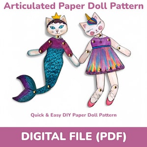 Papierpuppe Gelenk Digital Printable DIY Kit, Einhorn, Katze gegliedert Papierpuppe, bewegliche Papierpuppen Vorlage ausgeschnitten, Mädchen Kind Spielzeug Handwerk