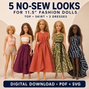 Könnte beinhalten: Fünf Modepuppen, jeweils 29,2 cm groß, in verschiedenen Outfits. Der Text lautet 5 NO-SEW LOOKS FOR 11.5" FASHION DOLLS TOP • SKIRT • 3 DRESSES und DIGITAL DOWNLOAD • PDF + SVG. Die Outfits umfassen ein rosa Oberteil mit Shorts, ein weißes Bandeau-Top mit violettem Rock, ein einfarbig orangefarbenes Kleid, ein grünes Blumenkleid und ein marineblaues Blumenkleid mit Vokuhila-Saum.
