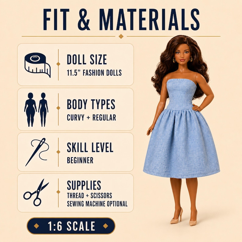 Pode incluir: Uma boneca da moda com longos cabelos castanhos escuros vestindo um vestido jeans azul claro sem al&ccedil;as. A imagem inclui o texto: FIT & MATERIALS, DOLL SIZE 11.5" FASHION DOLLS, BODY TYPES CURVY + REGULAR, SKILL LEVEL BEGINNER, SUPPLIES THREAD + SCISSORS, 1:6 SCALE.