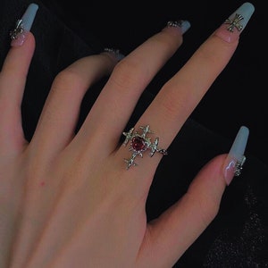 Gothic Cross Red Zircon Heart Rings, Alt Ring, Witchy Aesthetic Ring,  Vintage Unique Love Ring, Y2K Egirl Crystal Open Ring, Grunge Jewelry