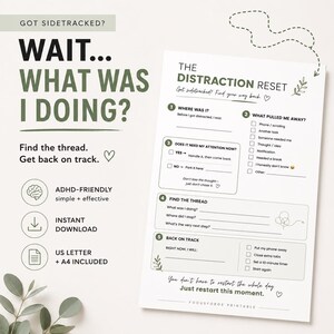 Plantilla imprimible para el reinicio de la distracción en el TDAH / Hoja de trabajo para reenfocar la concentración y las tareas / Planificador de funciones ejecutivas / Descarga digital instantánea