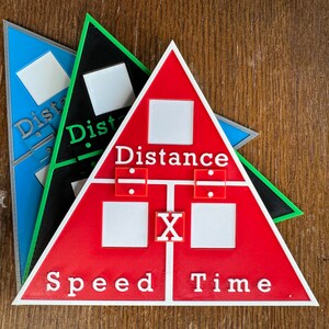 May include: A red triangular game board with the words "Distance", "Speed", and "Time" printed on it. The board has four blank spaces for players to fill in numbers and a space for an "X" to represent multiplication.