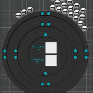以下が含まれることがあります： 電子を表すティール色のドットが付いた同心円状のリングを備えた、ダークグレーの円形原子モデル図。中央には「PROTONS (+)」および「NEUTRONS (0)」とラベル付けされた2つの白い正方形があります。黒い矢印が付いた白い球体が上部に配置されています。