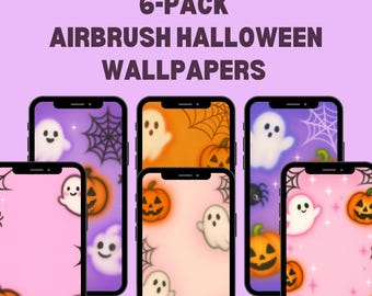 Fondo de pantalla rosa espeluznante para teléfono: Fantasmas y calabazas de Halloween con aerógrafo, descarga digital