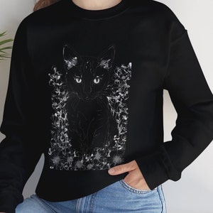 Black White Cat Crewneck Sweatshirt, Black and White Sweatshirt, Flowered Cat, Cat Lover Shirt, Mother&#39;s Day, Birthday, Black Cat Gift