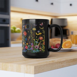 Total Eclipse of the Sun Mug, The Hummingbird at Night Series ®, Bright Celestial Garden, 15oz Black Mug, 2024 Eclipse