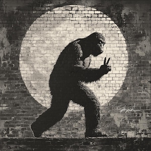Bigfoot-vredesteken, Sasquatch, Squatch, zwart-wit Big Foot, Brick Wall and Moon, digitaal beeld, klaar om af te drukken, digitaal bestand