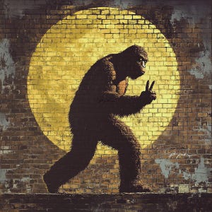Bigfoot-vredesteken bakstenen muur, Sasquatch, Squatch, zwart-wit Big Foot en gele volle maan, digitaal beeld, klaar om af te drukken, digitaal bestand
