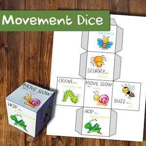 Juego de dados de movimiento de insectos / Actividad de movimiento de animales / Imprimible educativo para preescolar / Actividad de ejercicio para niños / Descanso mental