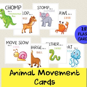 Flash Cards voor dierenbewegingen | Bewegingsactiviteit dieren | Dinosaur educatieve kleuterschool afdrukbare | Oefenactiviteit voor kinderen | Hersenpauze