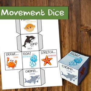 May include: A printable sea creature movement dice game. The dice has six sides with different sea creatures and instructions to move like them. The instructions include "Jump like an Orca", "Crawl like a Crab", "Float like a Jellyfish", "Stretch like a Starfish", "Float like a Jellyfish", and "Chomp like a Shark".