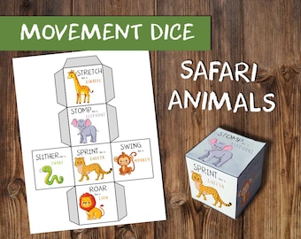 Dobbelspel met dierenbewegingen | Safari-bewegingsactiviteit | Educatieve voorschoolse afdrukbare | Oefenactiviteit voor kinderen | Hersenpauze