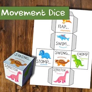 Dobbelspel dinosaurusbeweging | Bewegingsactiviteit dieren | Educatieve voorschoolse afdrukbare | Oefenactiviteit voor kinderen | Hersenpauze
