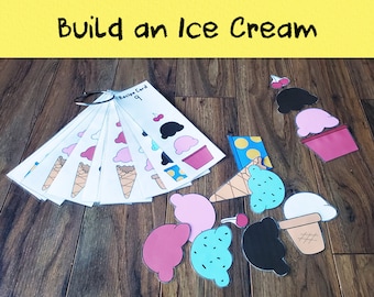 May include: A set of printable ice cream cone building cards. The cards feature different ice cream scoops, cones, and toppings. The cards are labeled "Recipe Card 9".