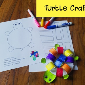 May include: A turtle craft activity with instructions to colour, cut, roll, and glue paper strips to create a turtle shell. The image includes a template for a turtle body and a finished example of the craft.