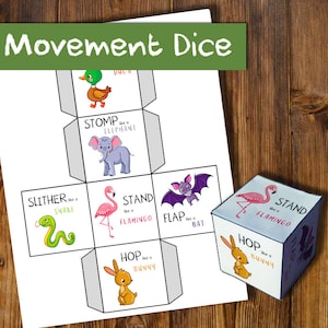 Juego de dados de movimiento animal / Actividad de movimiento animal / Preescolar educativo imprimible / Actividad de ejercicio para niños / Descanso cerebral