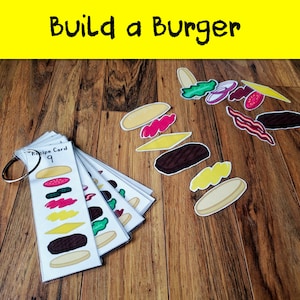 Bouw een hamburgerspel | Activiteit receptenkaart | Voorschoolse spellen | Educatieve drukke tas | Volgorde bordspel