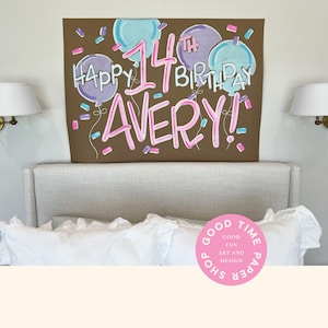 Custom Painted Banner, Hand Painted Birthday Sign, Painted Birthday Banner Girl, Balloons and Confetti Birthday, 13th Happy Birthday, Unique