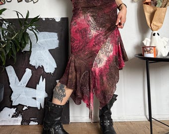 Boho Paisley Asymmetrischer Mesh Rüschenrock y2k
