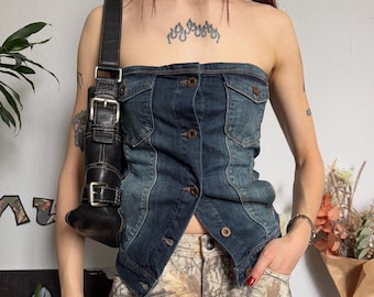 Denim Button Up Corset Bustier Strapless Jeans Top 00s