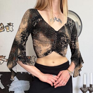 Vintage Y2K Whimsigoth Crop Top, Grunge Fairycore Flared Sleeve Blouse