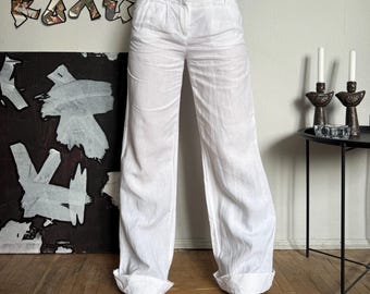 Pantaloni a gamba larga in lino bianco stile boho