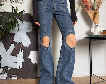 Waggon Vintage sexy bootcut uitlopende jeans met gat in de knie