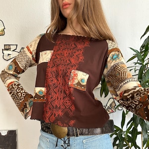Vintage Graphic Printed Abstract Long Sleeve Top Bohemian Cowgirl Style