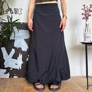 Vintage Nylon Bubble Asymmetrical Hem Black Maxi Skirt 00s
