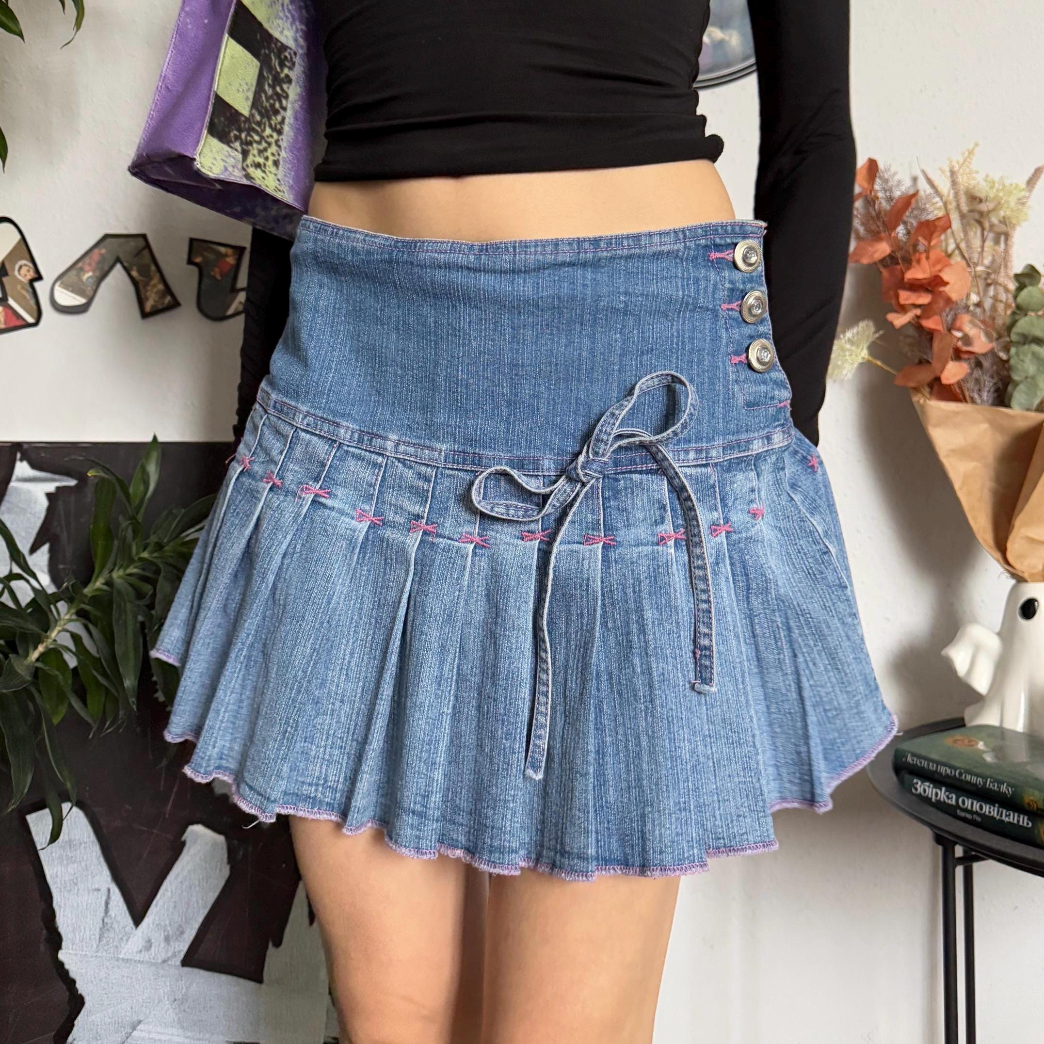 Y2K Pleated Jean Baddie Mini Skirt - Etsy