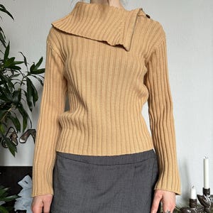 Wool Vintage Knit Ribbed Stylish Pullover Asymmetrical Neck