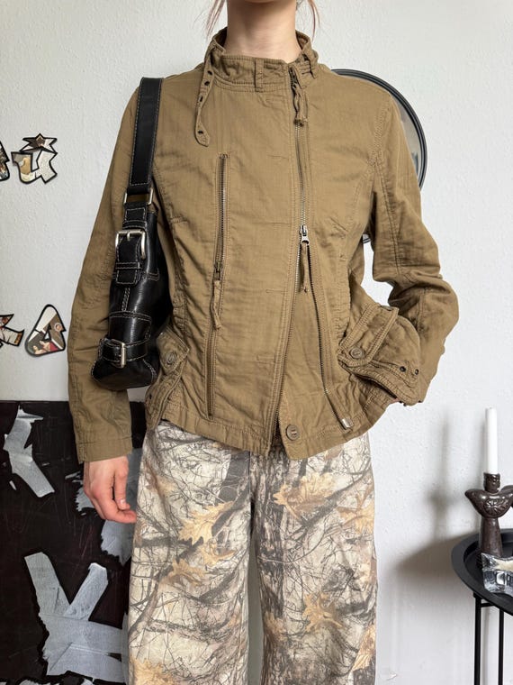 Women's Cotton Utility Jacket, Gorpcore Zip Up Jacket, Olive Green Tactical Style